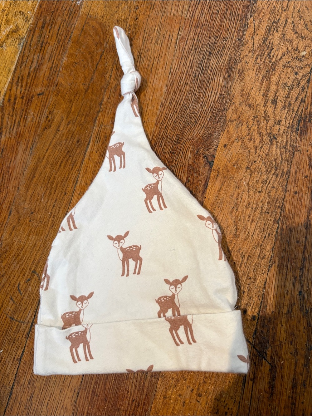Organic Baby Knot Hat in Cream with Brown Deer Print